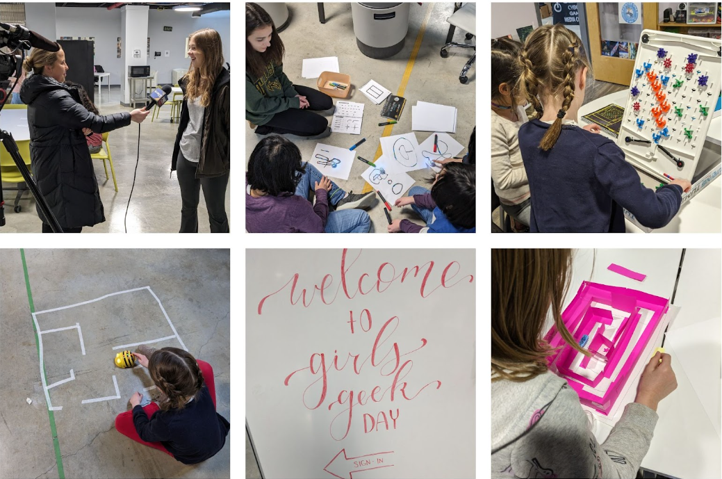 6 images of the event including an interview, designing on paper, and a welcome sign