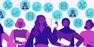 women with technology and sciences symbols
